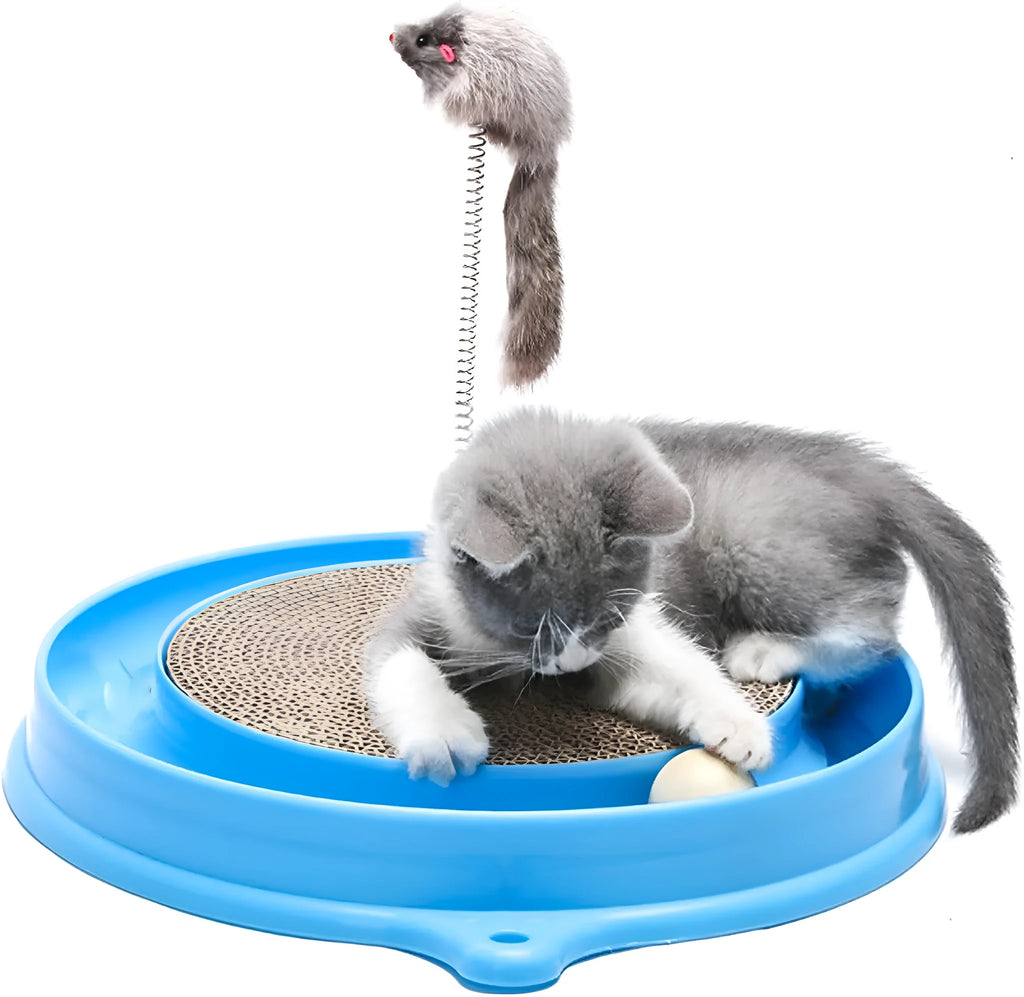 Blue interactive cat scratcher with ball track and replaceable corrugated cardboard scratching surface