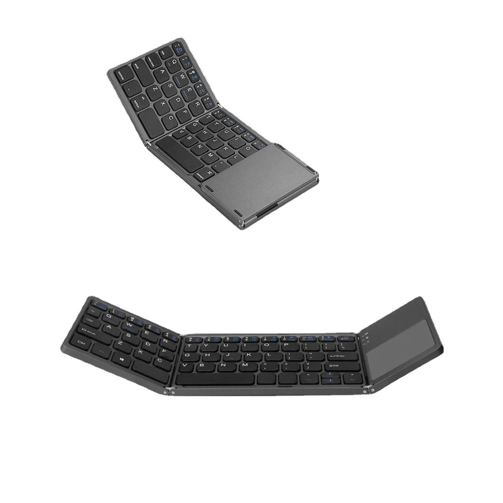 Black mini tri-fold Bluetooth keyboard shown open and folded, highlighting its thin 0.8cm profile.