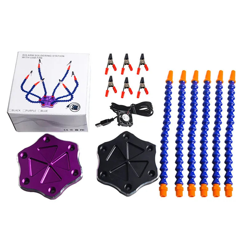 Black or purple six-claw aluminium welding station with adjustable arms for model repair.
