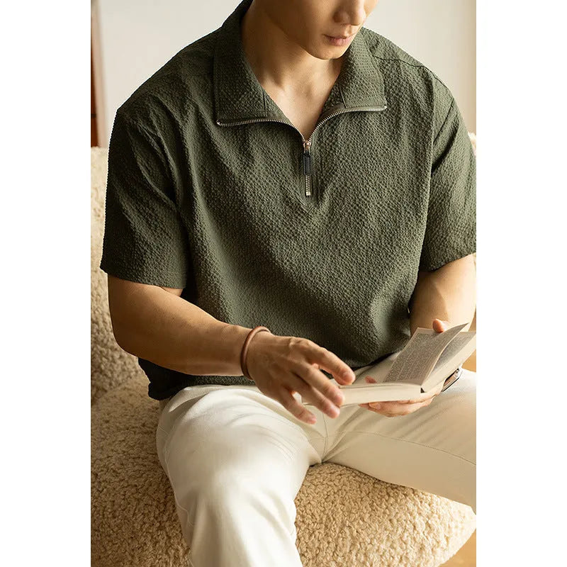 American quick-drying ice silk polyester short sleeve shirt in cedar green, loose fit, summer casual style