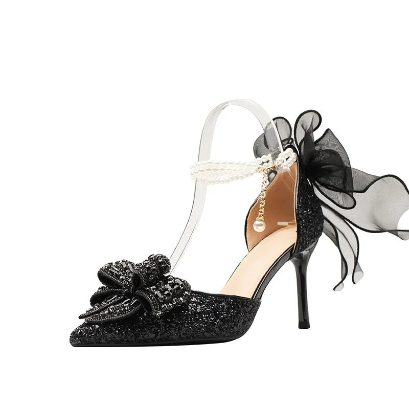 Two-way outdoor sandals, black, stiletto heel 6cm, pointed toe, rubber sole, low-top design