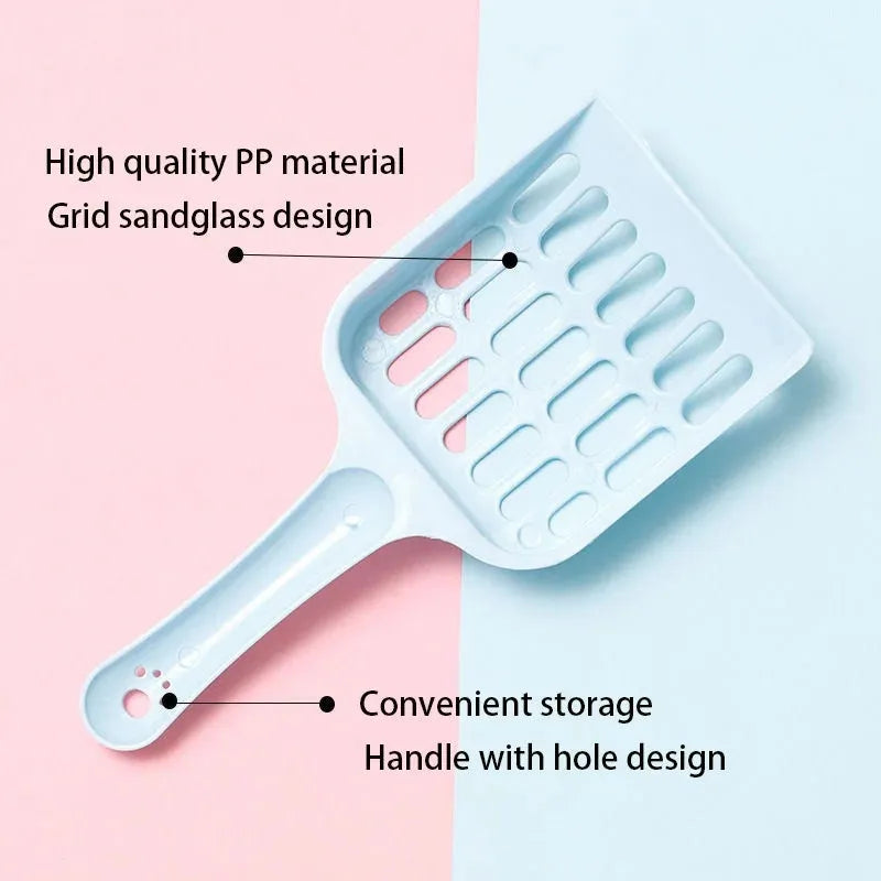 Blue plastic cat litter scoop showing 20cm length and 9cm wide head for cleaning pet toilet trays.