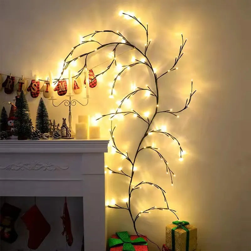 Flexible LED willow vine garland with 144 warm white lights and birch bark texture