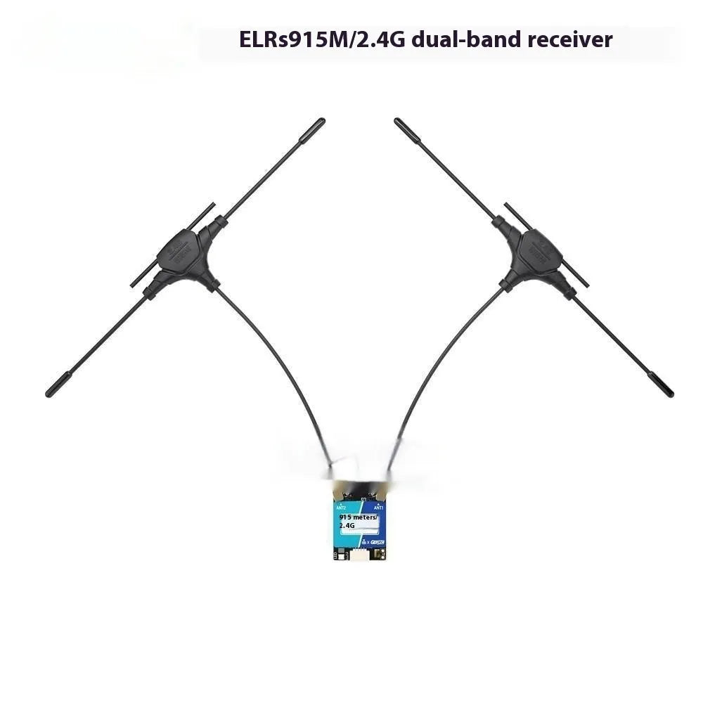 ELRS 915MHz and 2.4GHz dual-band FPV drone receiver with two T-shaped antennas and installation accessories.
