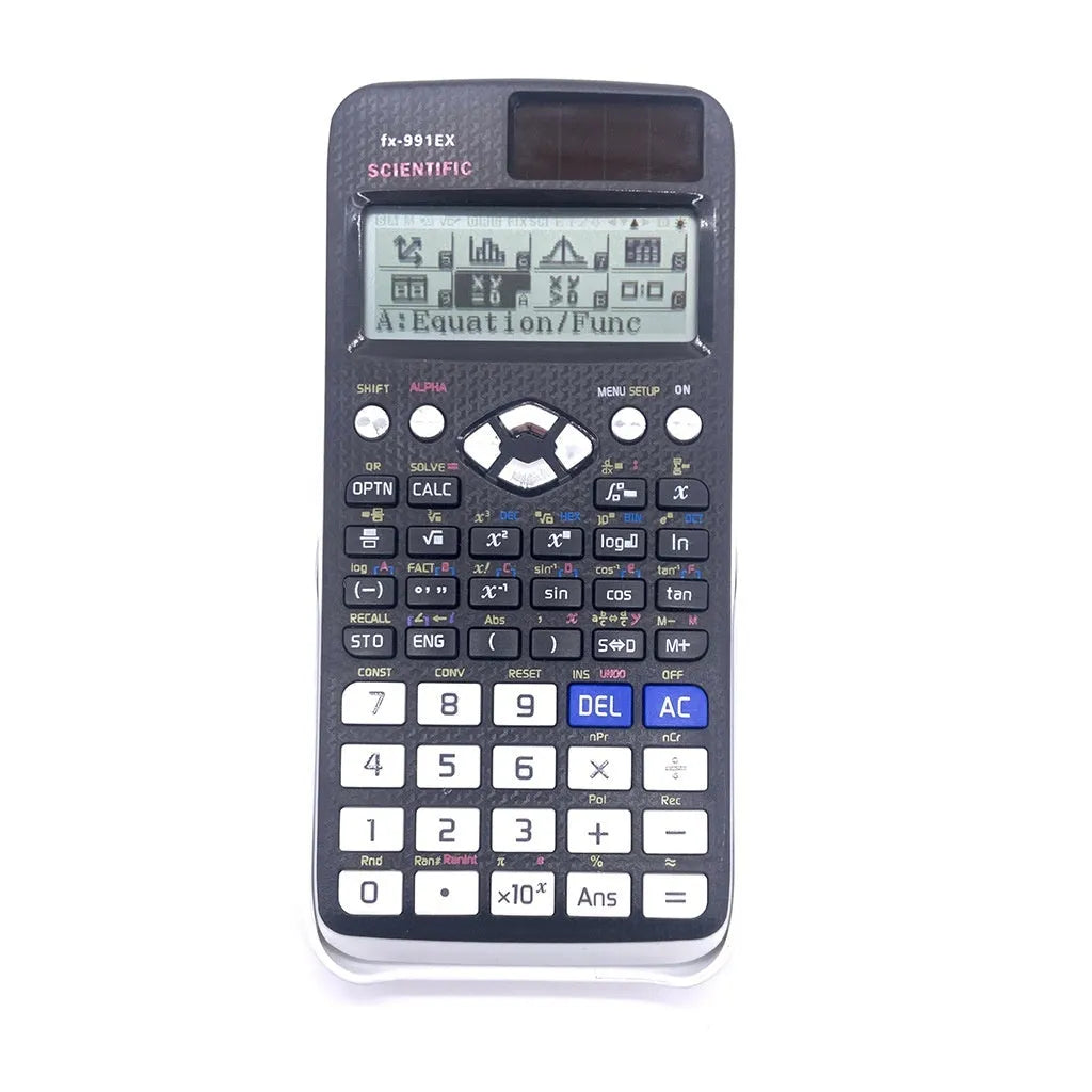 Casio fx-991EX scientific calculator in black, blue, or pink with solar panel and high-resolution LCD screen