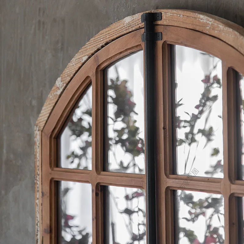 Terrace distressed fake window wall mirror with wooden glass and log-coloured finish