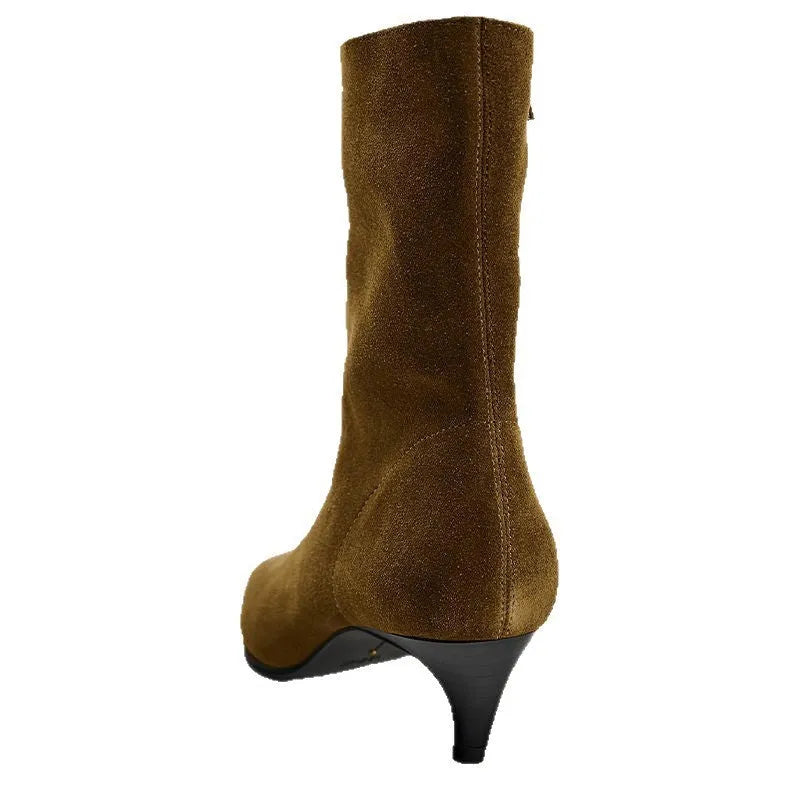 Women's brown square toe ankle boots with a stiletto heel and side zipper on a white background