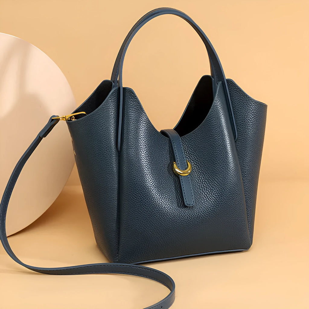 Genuine leather women's bucket bag in European and American retro style with file organisation