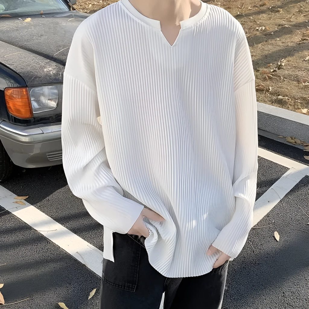 Plus size striped texture draping solid colour pullover in black, long sleeves, loose fit, front view