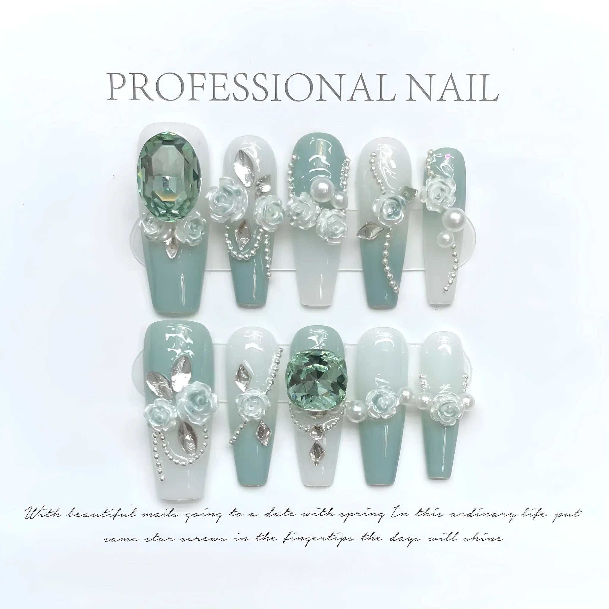 Plastic nail art armour suit with diamond camellia gradient chain and bow butterfly patterns in sizes XS S M L