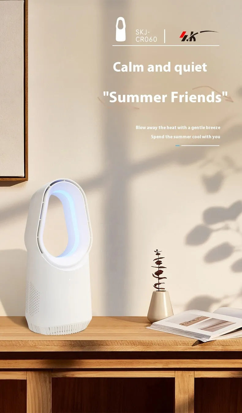 White bladeless tower floor fan with remote control on a stand.