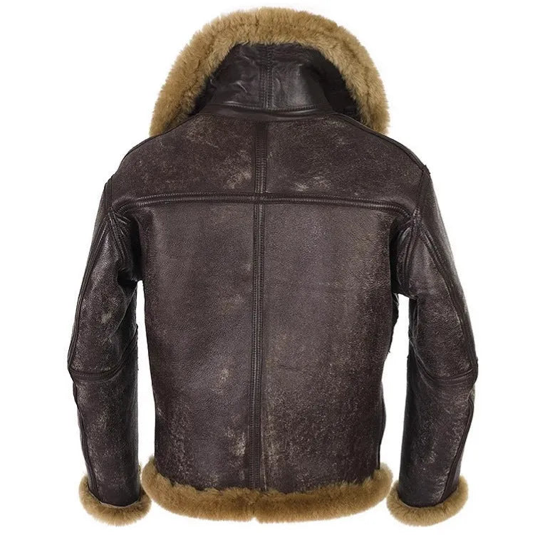 Brown retro synthetic leather fur coat for men, medium length with straight hem and side pockets.