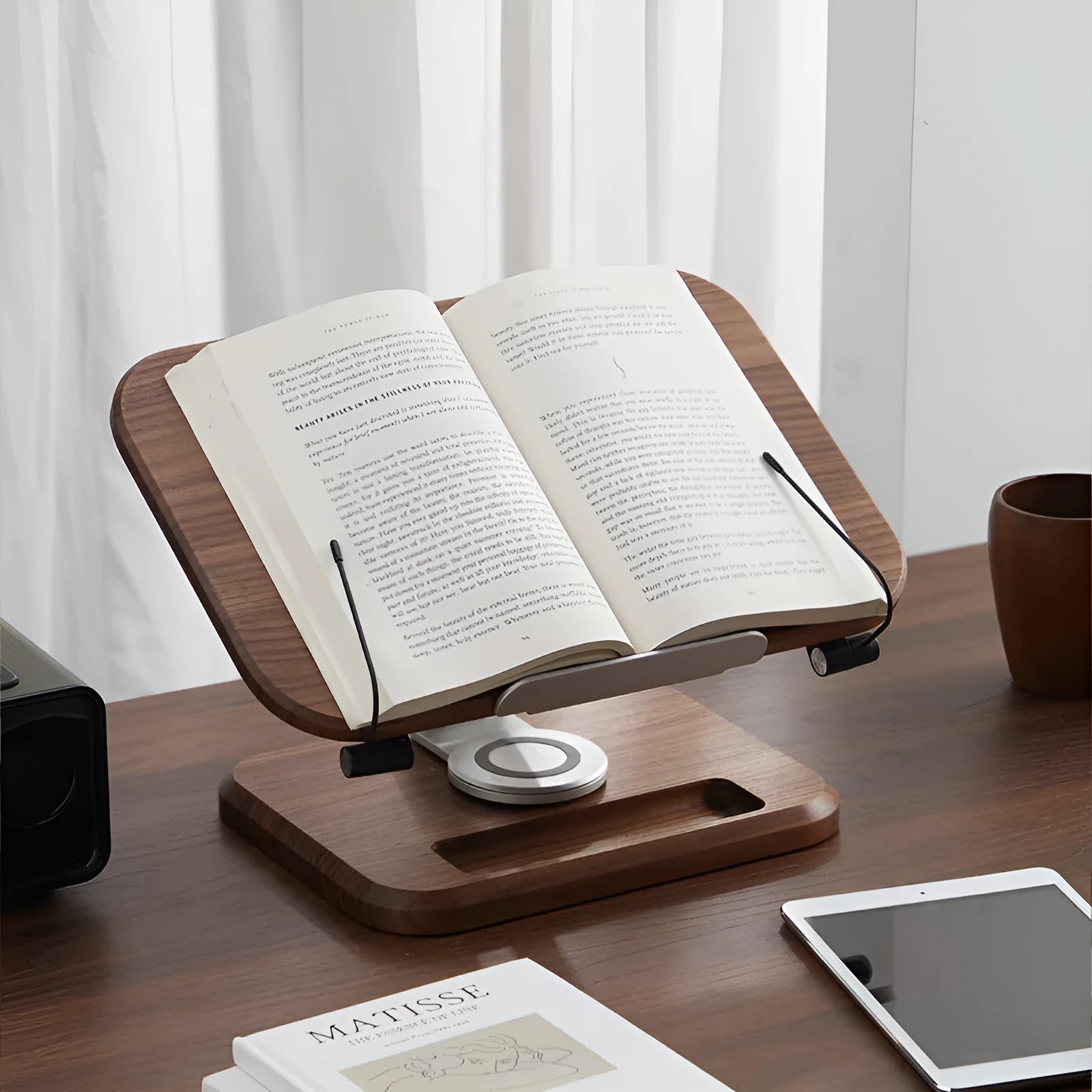 Black walnut solid wood adjustable rotating reading rack holding an iPad on a desk