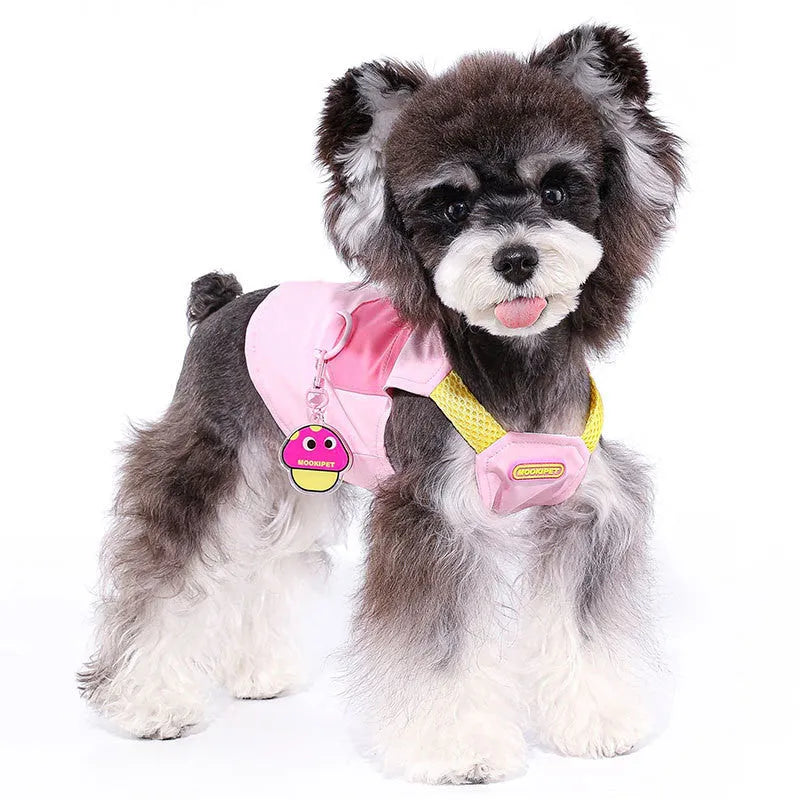 Pink pet traction vest made from 100% polyester fibre with leash ring hole, available in sizes XXS to XXL.