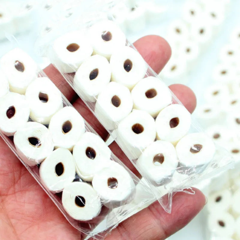 Miniature simulated paper toilet paper roll model for childrens play, dimensions 30mm by 15mm by 80mm.