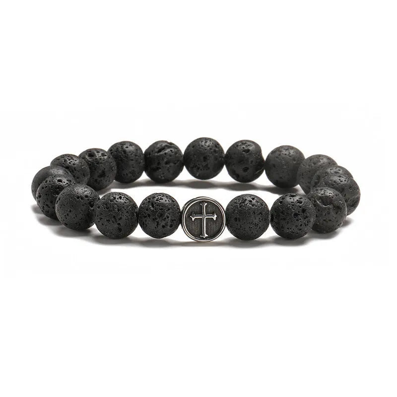 Stainless steel geometric bracelet with a central 10mm volcanic-colour agate stone.