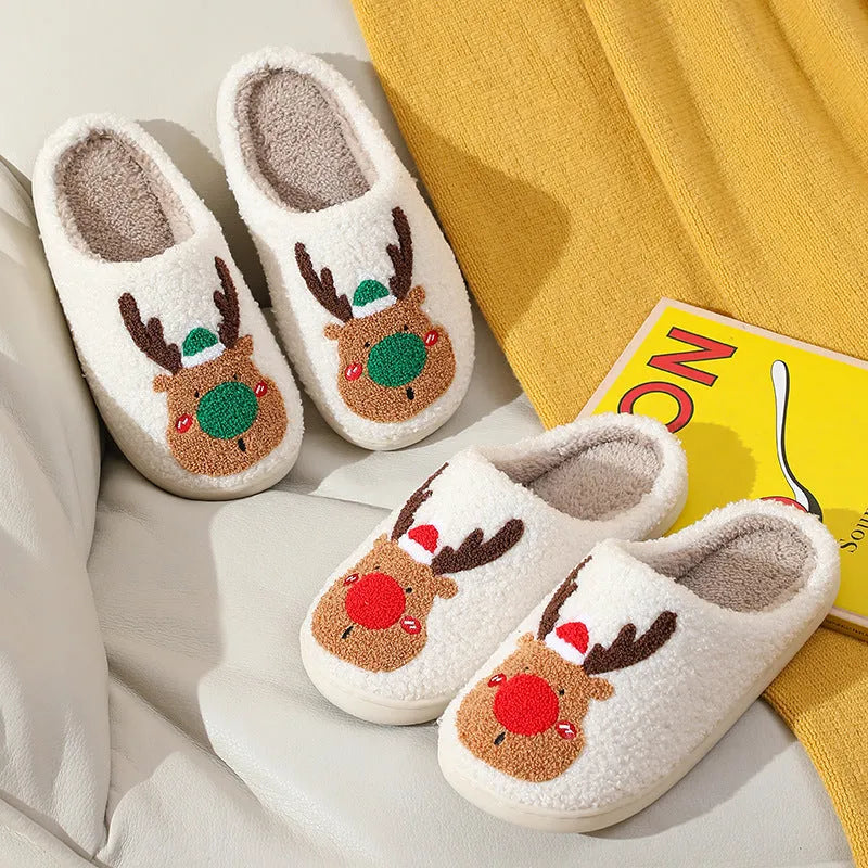 Christmas winter home slippers with elk totem design, plush upper, anti-slip sole, in red and green