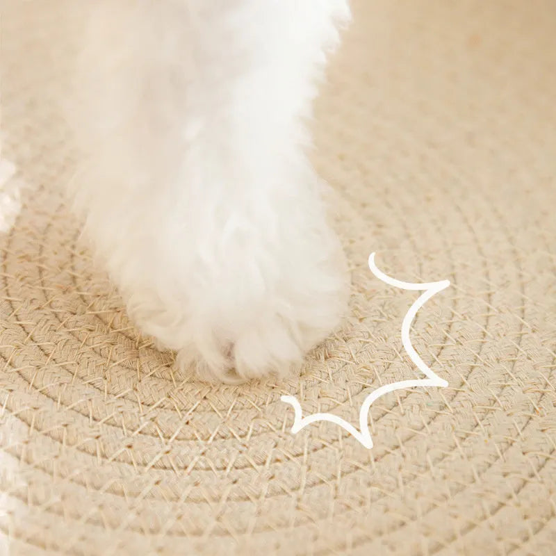 Green oval-shaped cat scratch pad and lounge bed made from textured sisal fabric.