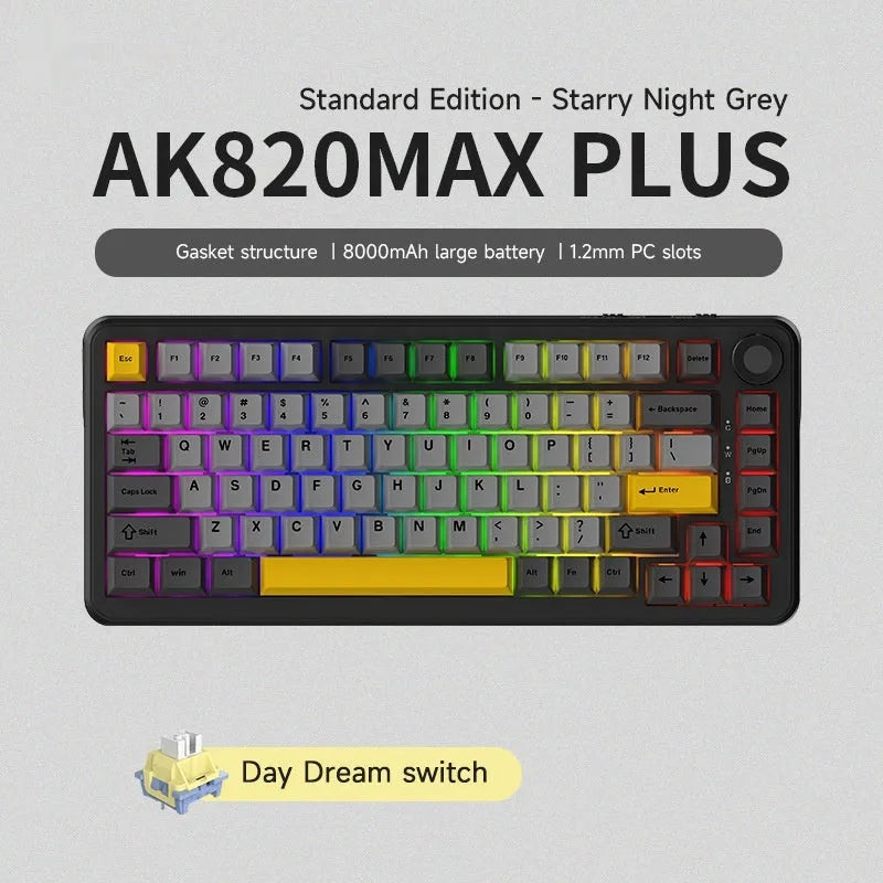 Three-mode mechanical keyboard with hot-swappable switches in black, grey and yellow colour scheme