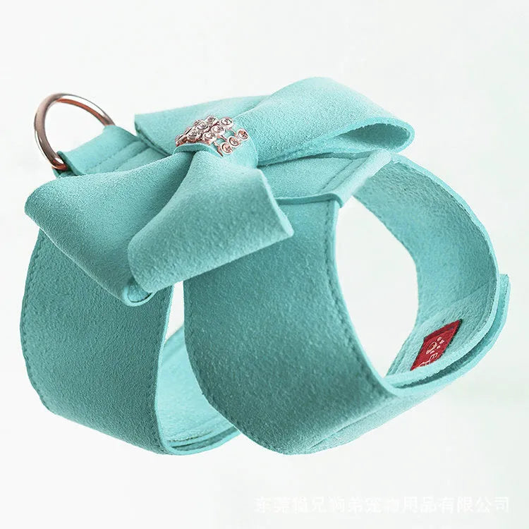 Adjustable puppy chest strap with bowknot decoration in microfiber fabric