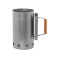 Zinc-iron alloy outdoor charcoal fire starter igniter with pointed carbon barrel.