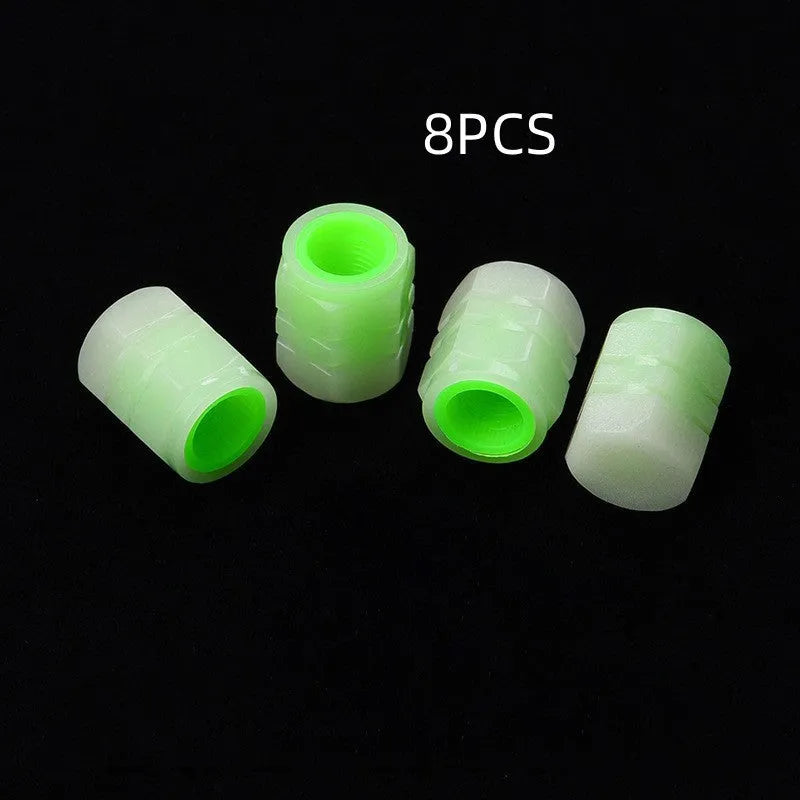 Glow-in-the-dark car valve caps showing rubber construction and luminous properties