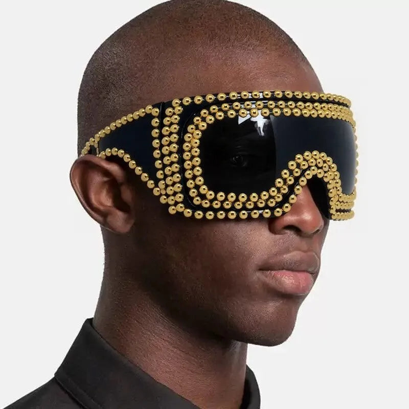 Punk sunglasses with super large square rim frame and rivet details in silver colour