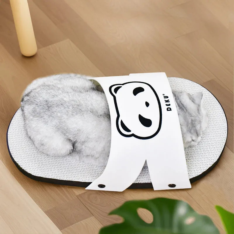 White corrugated paper cat scratch board with slipper-style design for indoor feline claw maintenance