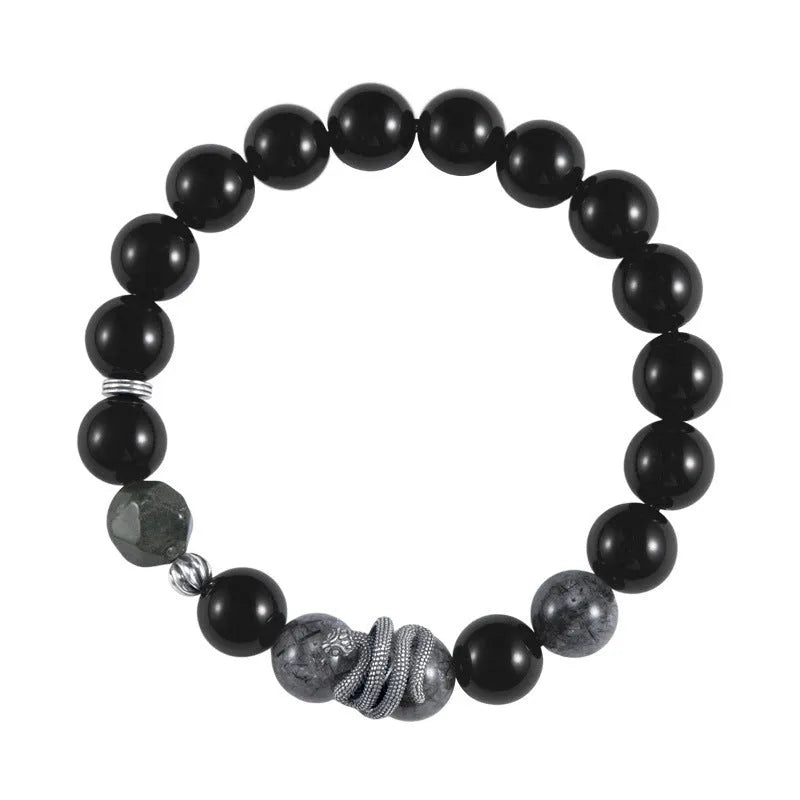 S925 Sterling Silver snake year bracelet with obsidian black hair crystal and retro design