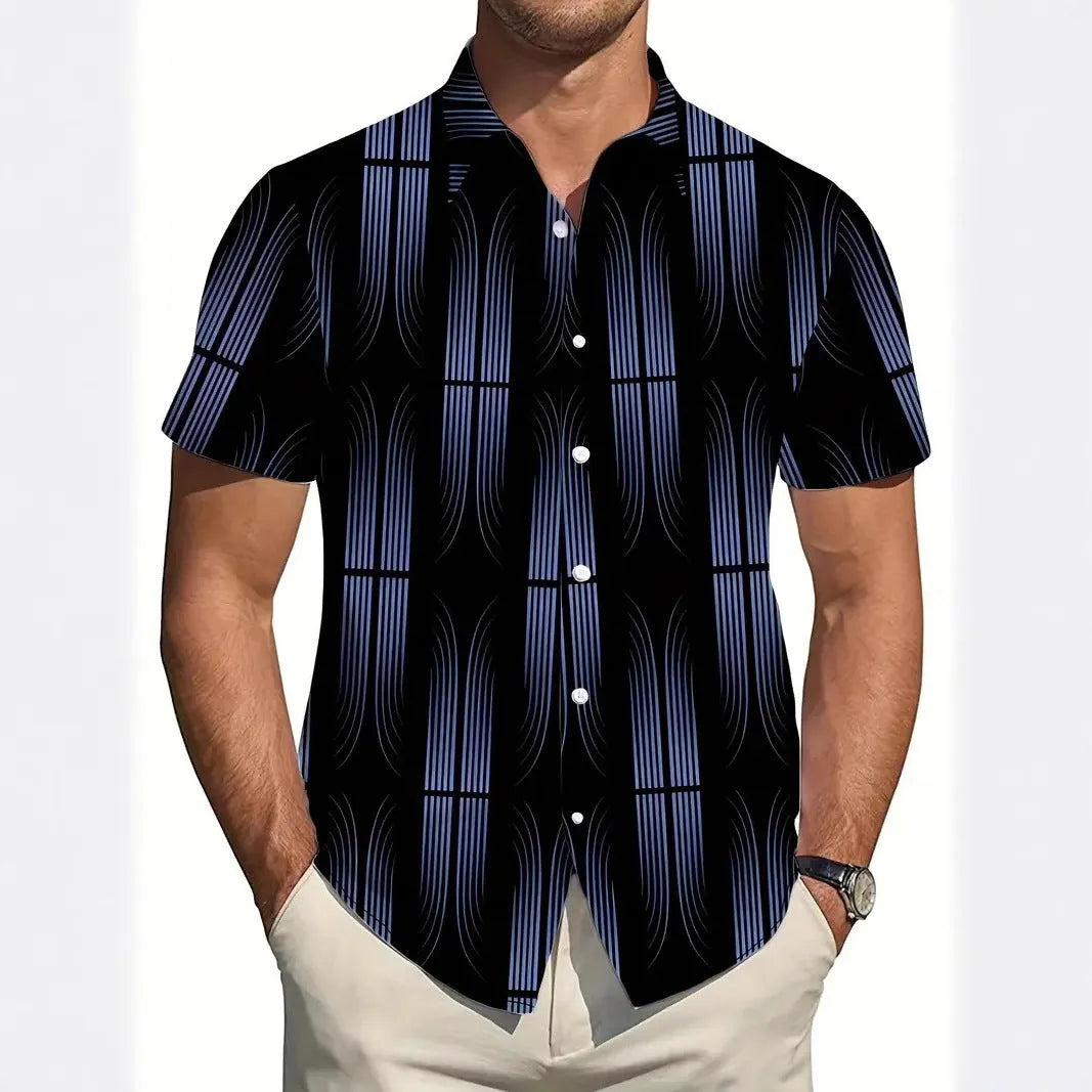 Men's slim fit geometric line print lapel short sleeve shirt in polyester fabric.