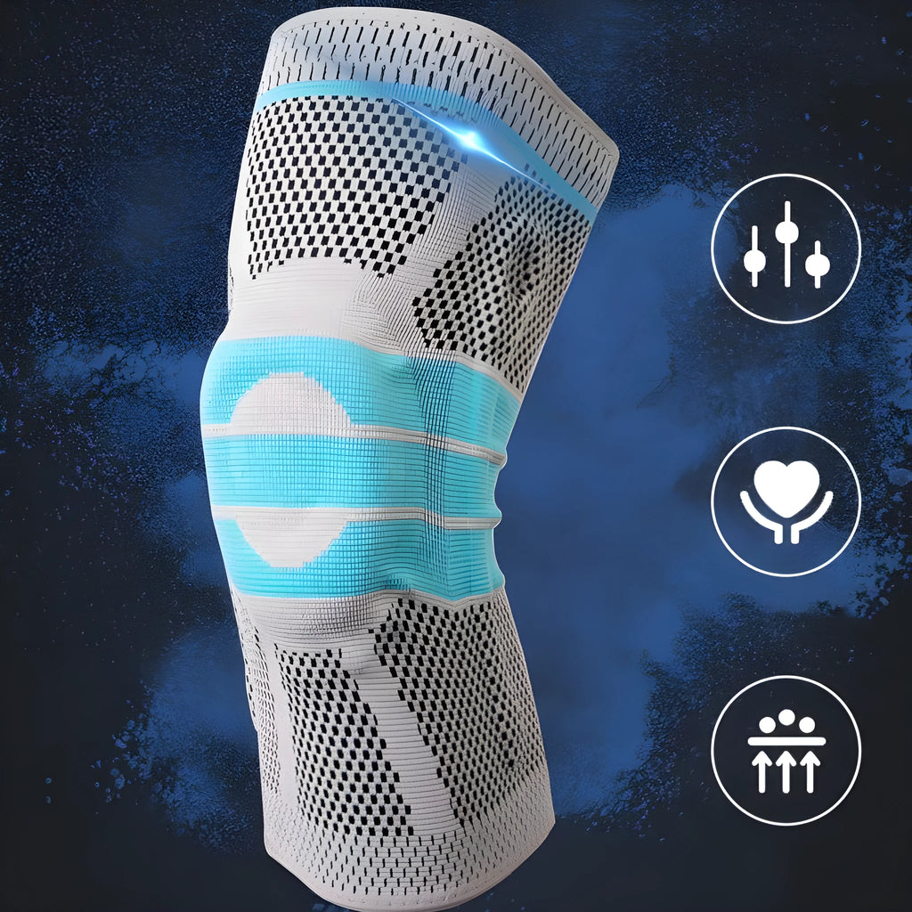 Sky blue silicone knee pad for sports, shown with elastic fibre strap and protective knee section.