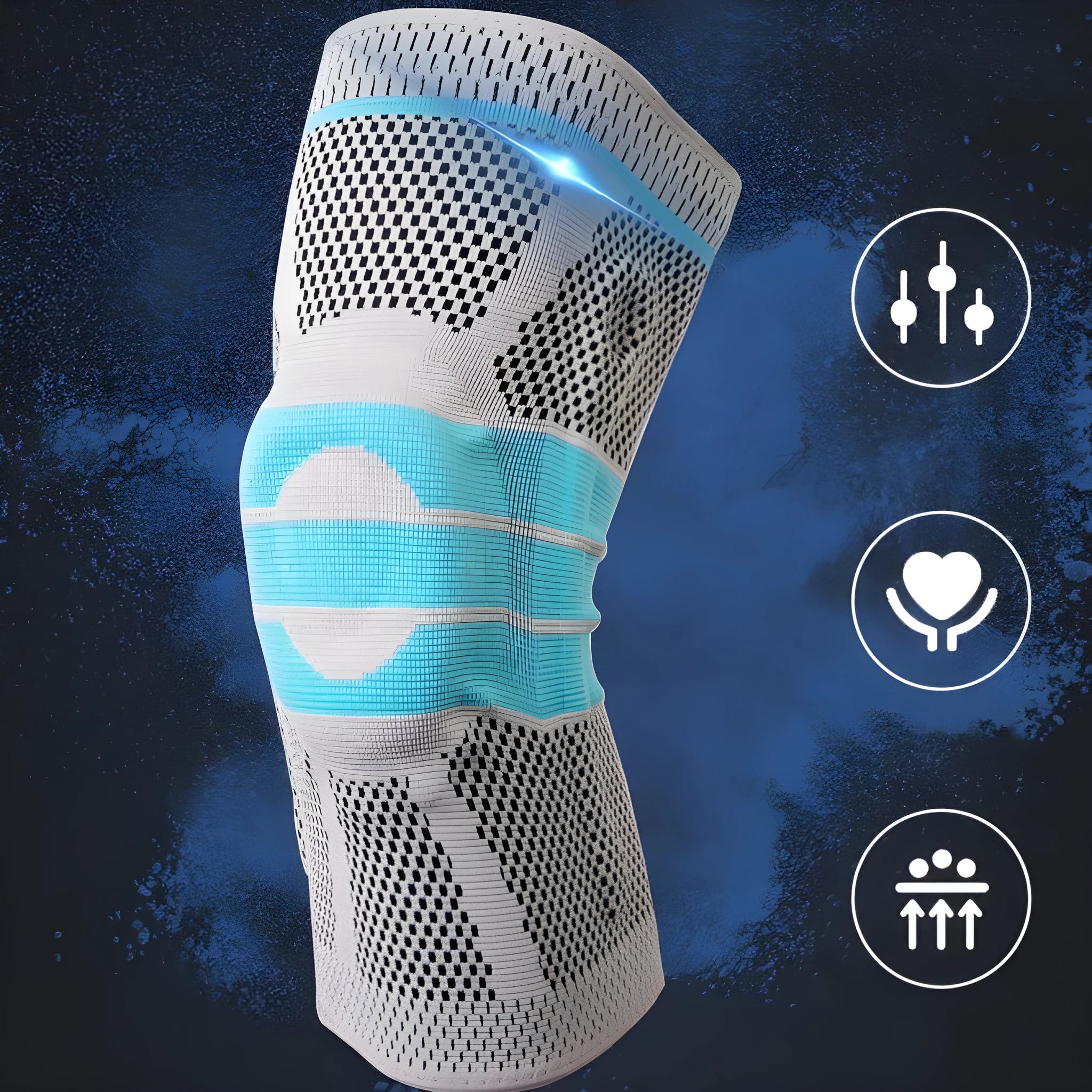 Sky blue silicone knee pad for sports, shown with elastic fibre strap and protective knee section.
