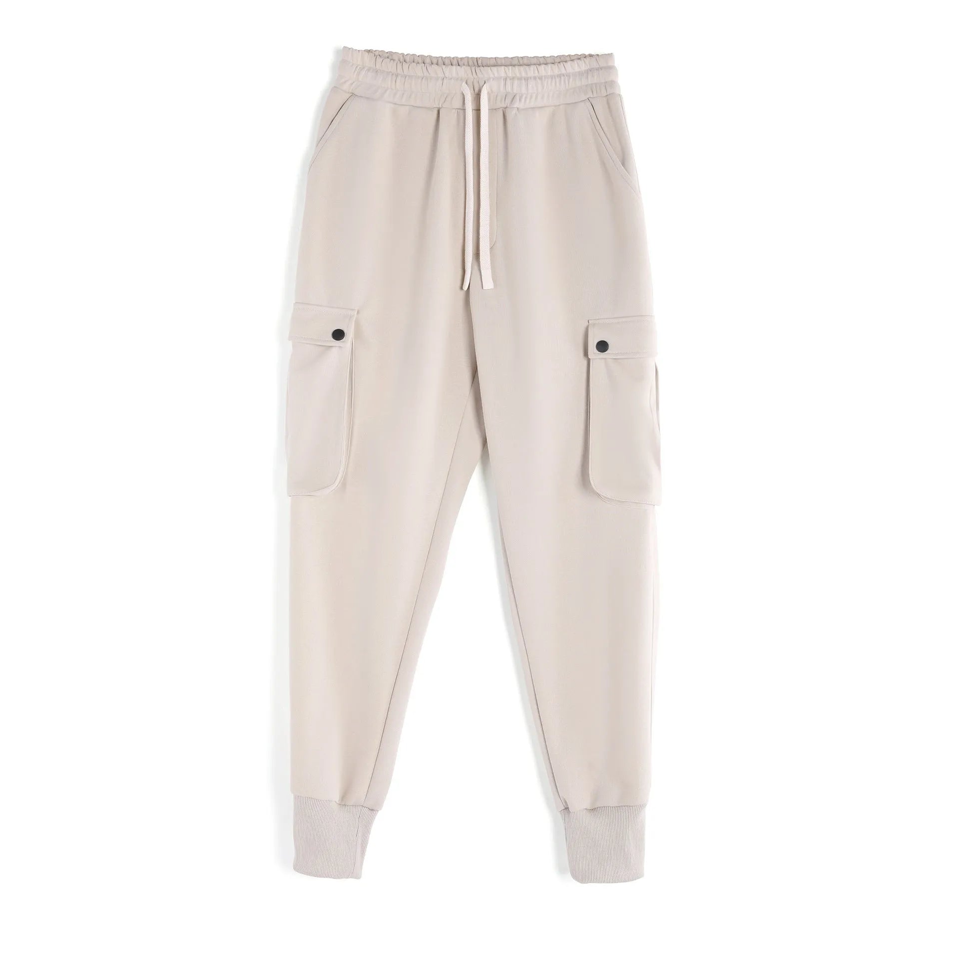 Men's loose fit American sports trousers with ankle ties in apricot colour showing multi-pocket design