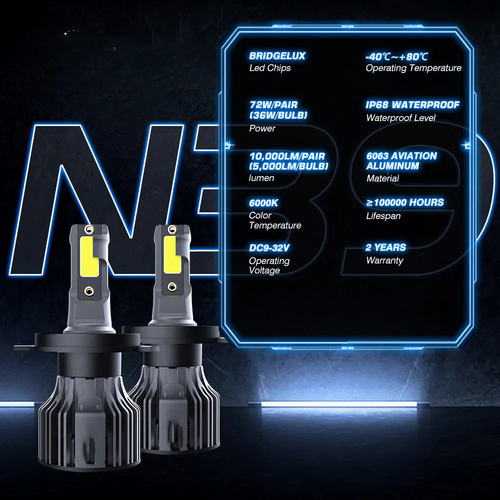 72W 6000K white LED car headlight bulb with adjustable chuck for H7 H11 9005 fitments