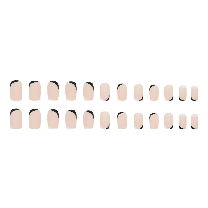 Black and white frosted false nails with French manicure style and Mandarin duck colour design
