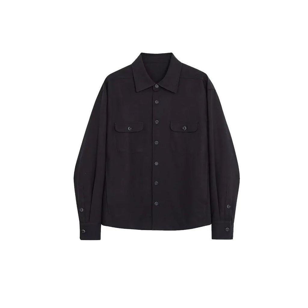 Men's long sleeve shirt with lapel collar in Light Sand Rice colour, simple profile.