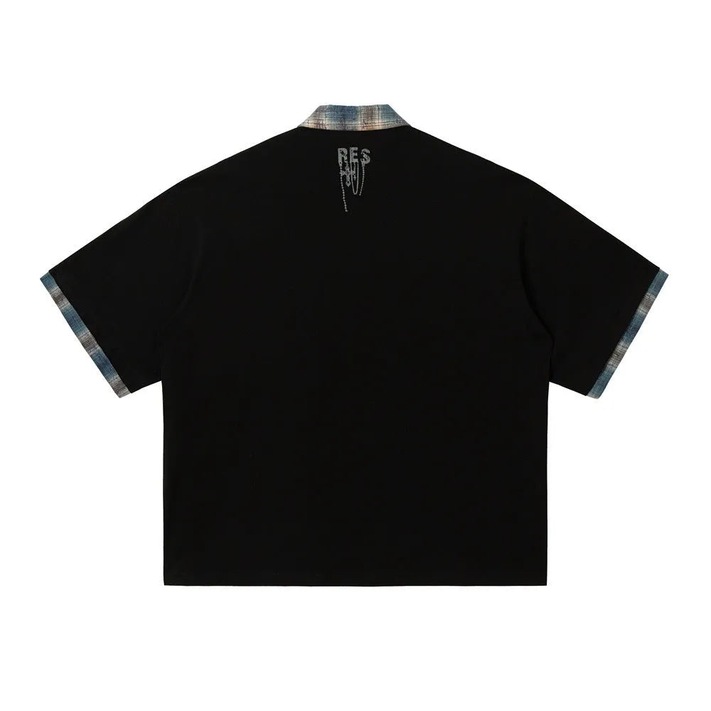 Men's loose fit cotton top with graffiti print and asymmetric lapel in blue or red