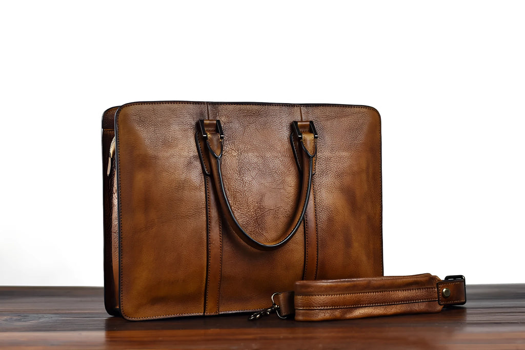 Men's 14-inch leather business handbag in khaki with horizontal design and zipper