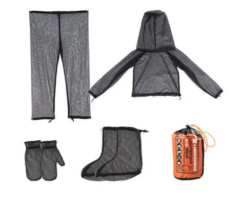 Summer camping anti mosquito suit four-piece set with trousers and booties in breathable mesh fabric