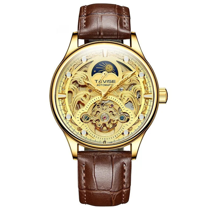 Men's gold leather automatic mechanical watch with waterproof business design