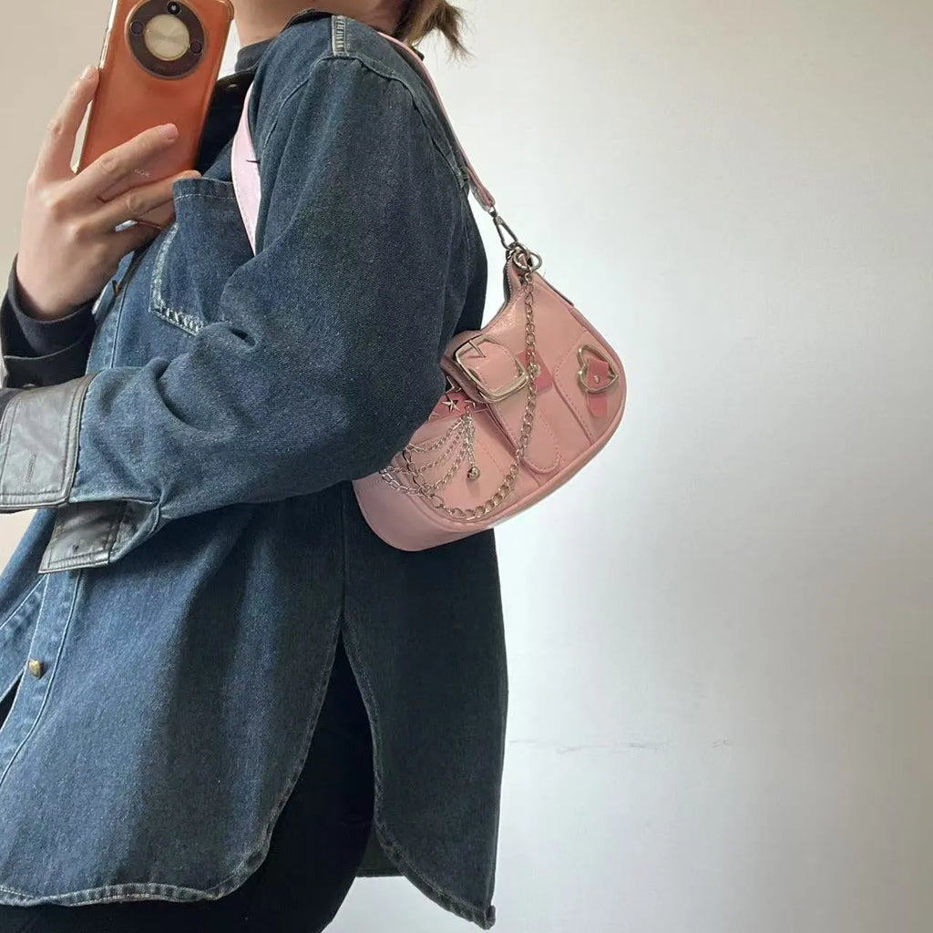 Women's soft PU underarm bag in pink with chain detail and three-dimensional outer pocket
