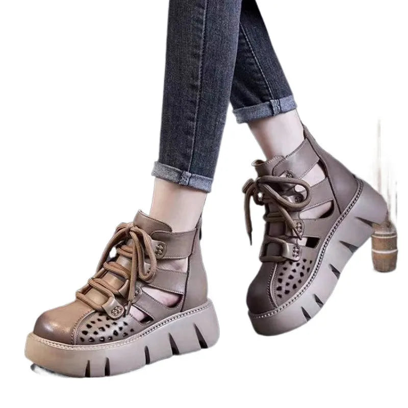 Women's platform sandals in khaki with fish mouth toe, hollow-hole design, plush upper, and PU sole
