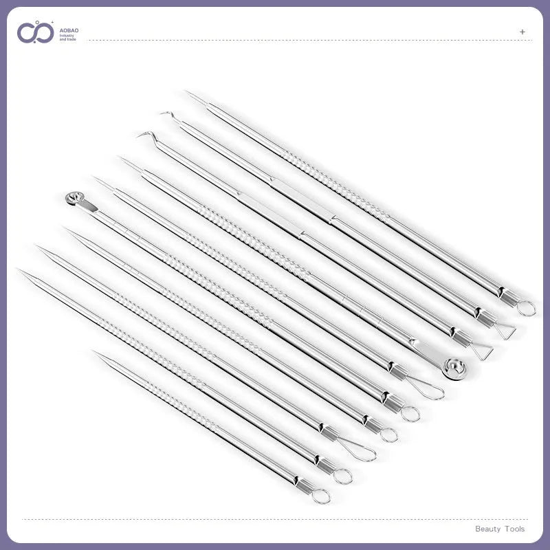 Four-piece stainless steel acne needle set with ultra-fine pointed tips and extraction clip on silver background