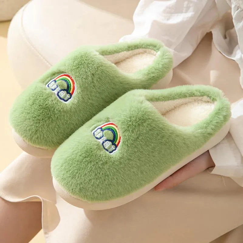 Kawaii rainbow embroidered plush slippers with rubber sole, wrapped toe, round heel, available in multiple colours