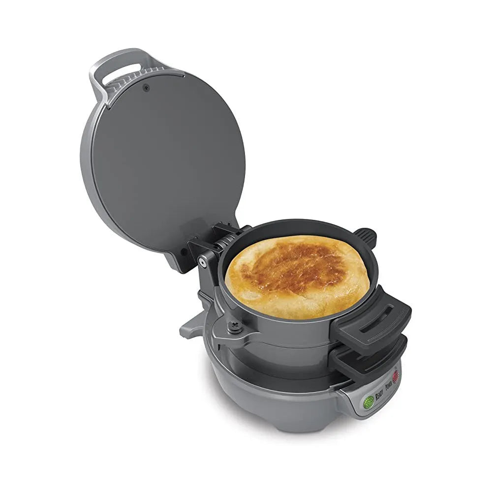 Bright red breakfast sandwich maker machine with egg cooker ring and waffle function