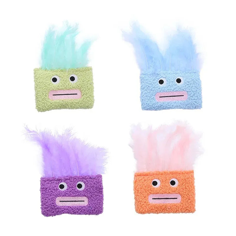 Catnip plush toy with funny big mouth explosion head design in blue green orange purple colours