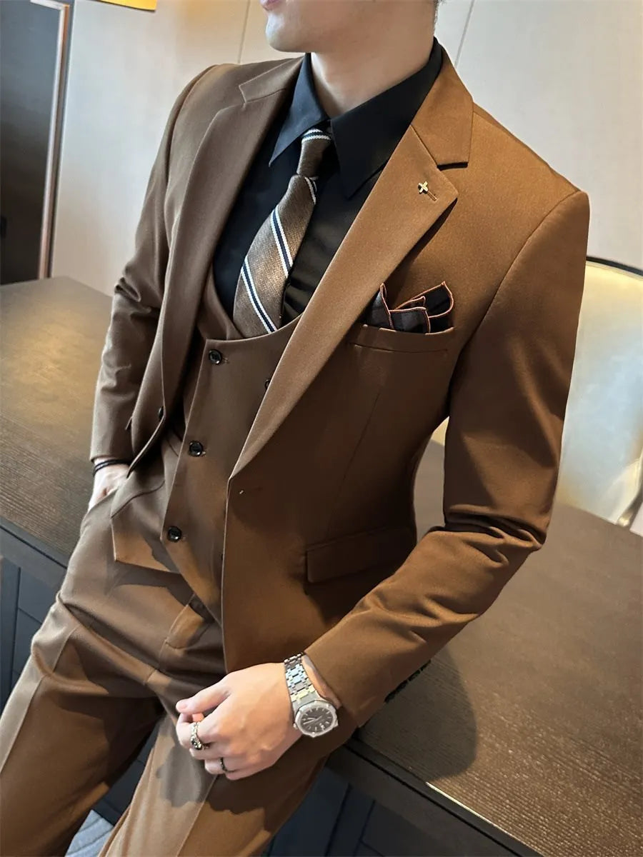 Men's slim fit business formal jacket in dark green, brown, and camel colour options