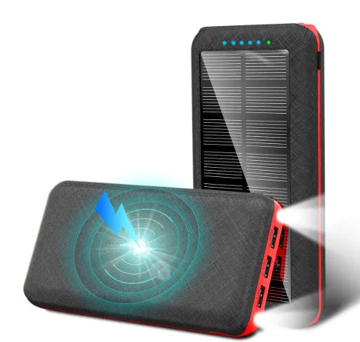 Portable solar power bank with Qi wireless charging and LED flashlight in black