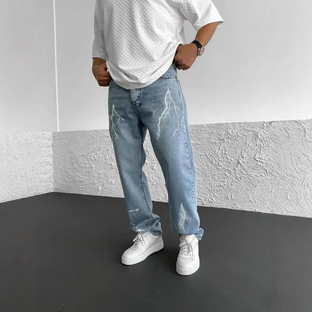 Men's blue straight-leg loose wide leg cotton denim trousers mid waist zip fly for teenagers