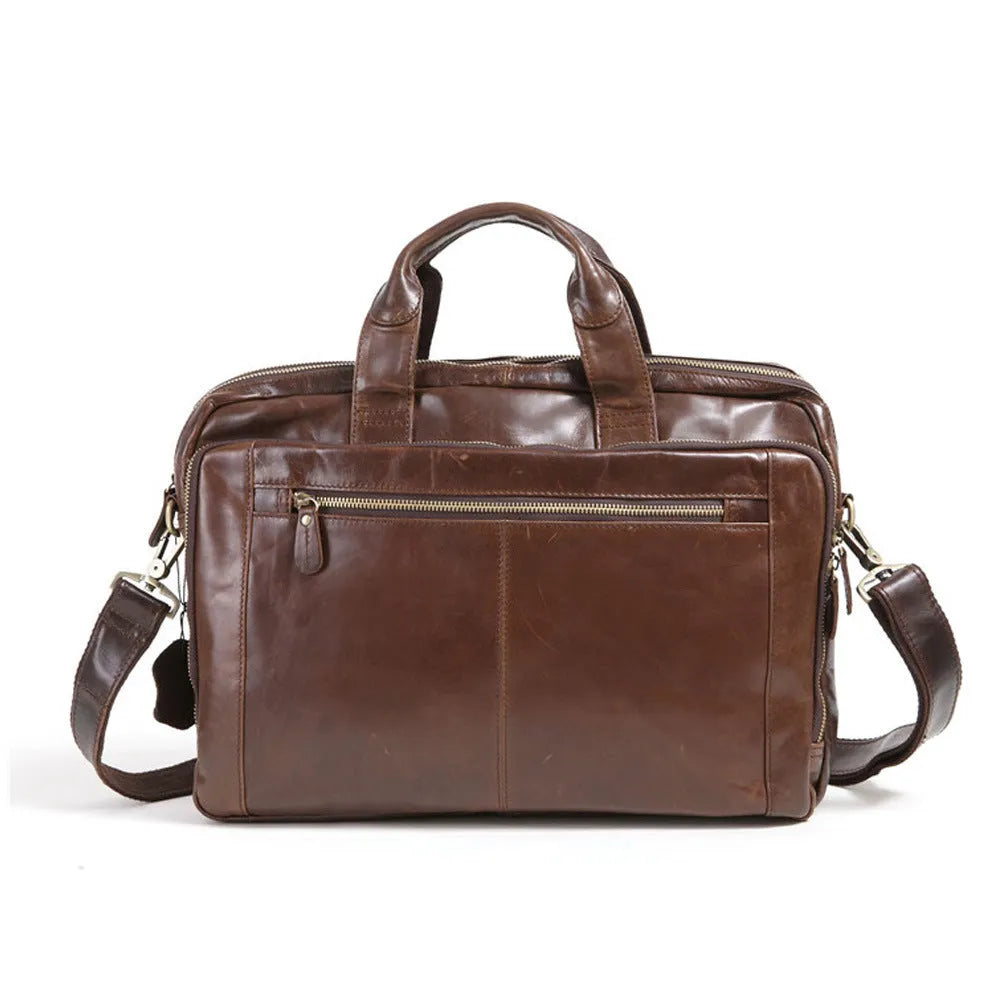 Brown men's business briefcase in first-layer cowhide leather with 18-inch size